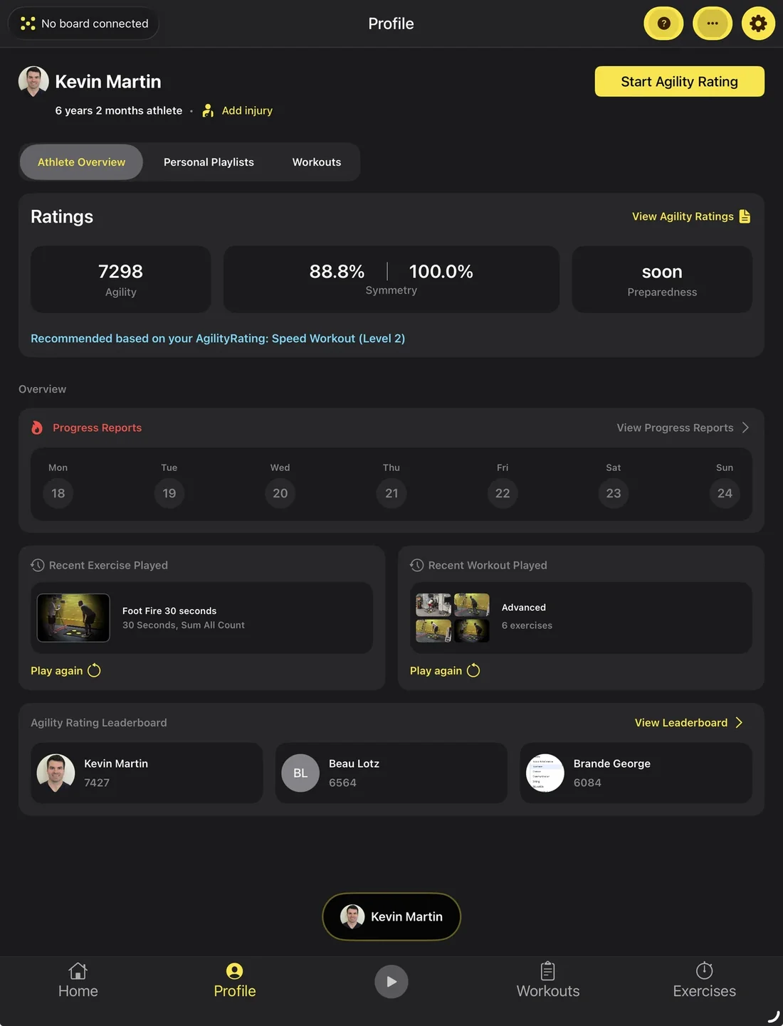 QuickBoard app athlete profile screen on iPad