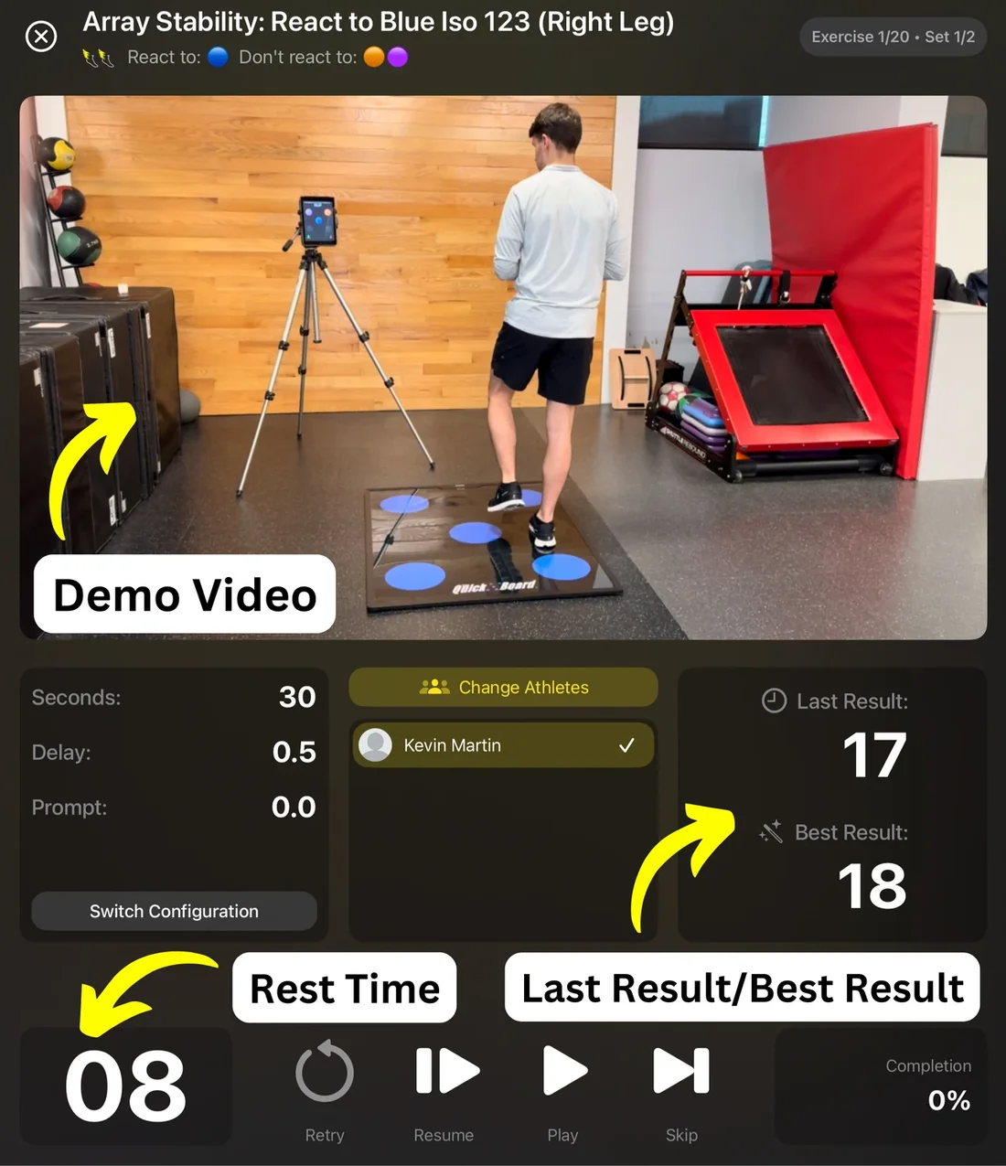 QuickBoard app exercise run screen with the demo video, the rest timer between exercises, and the last and best result readouts labeled