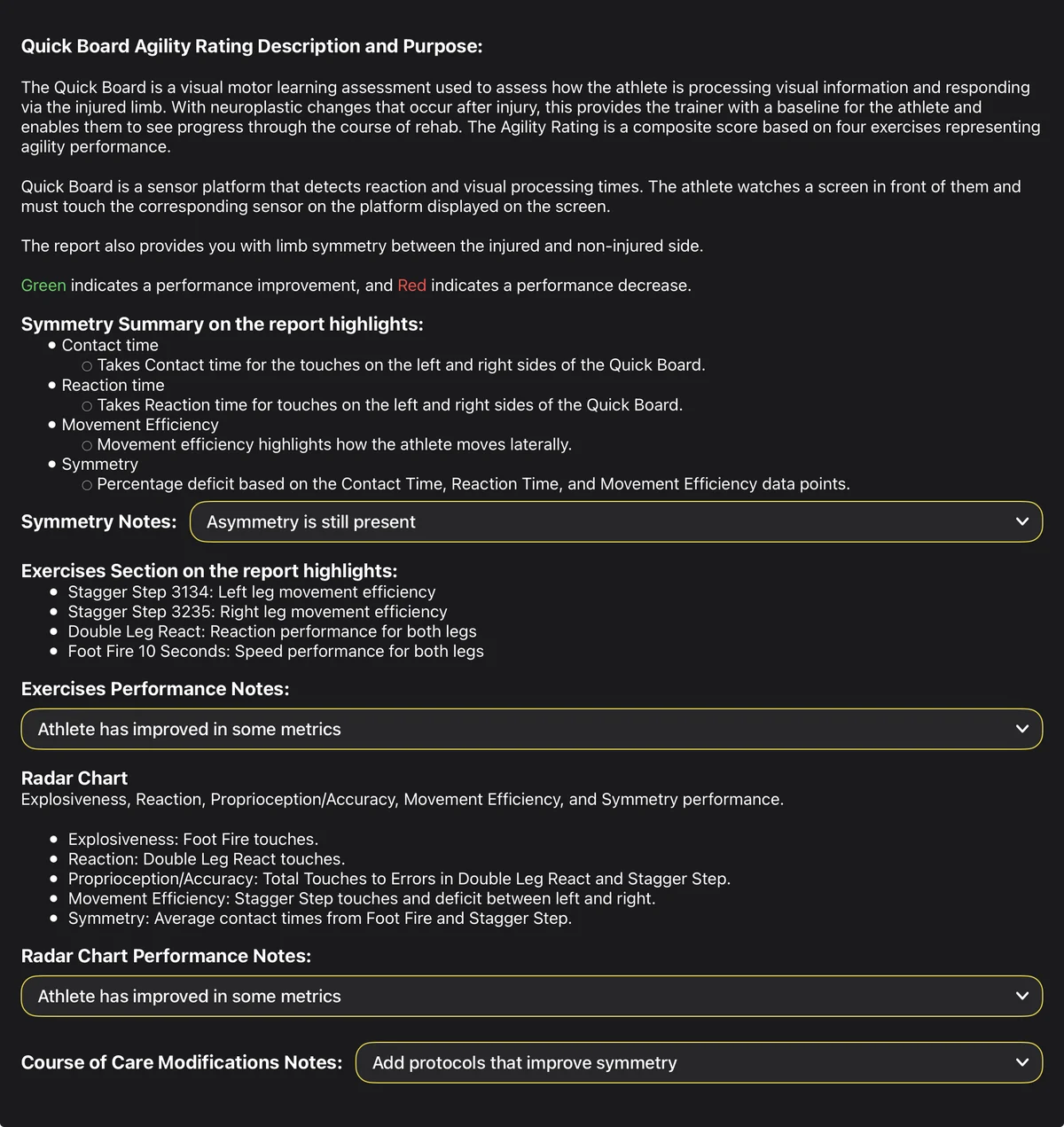 The CPT 97750 Description and Purpose page of the Agility Rating Report, with pre-filled clinical documentation dropdowns