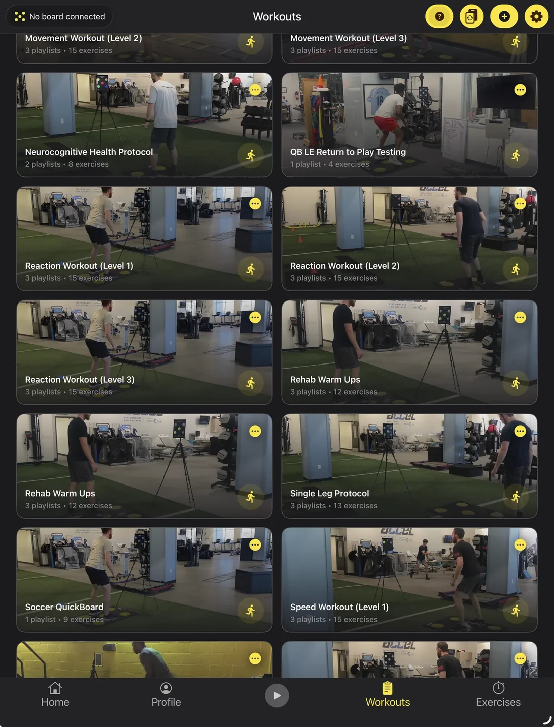QuickBoard app Workouts tab showing the library of pre-built clinical protocols and progressive workouts